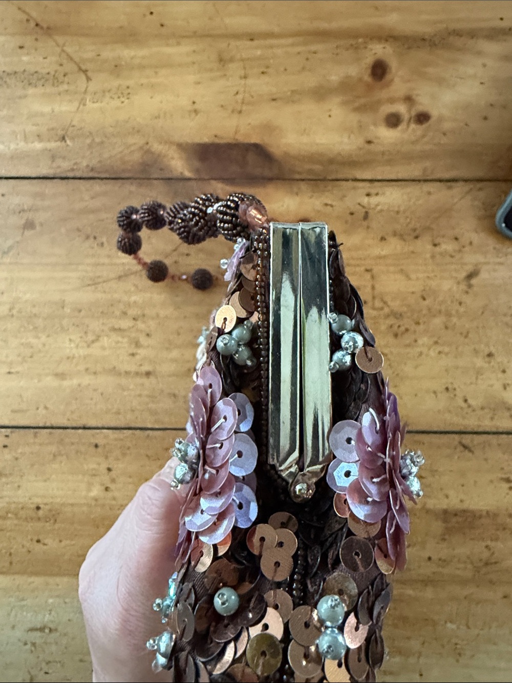 Far Nine vintage Bronze brown flower satin purse - Picture 12 of 16